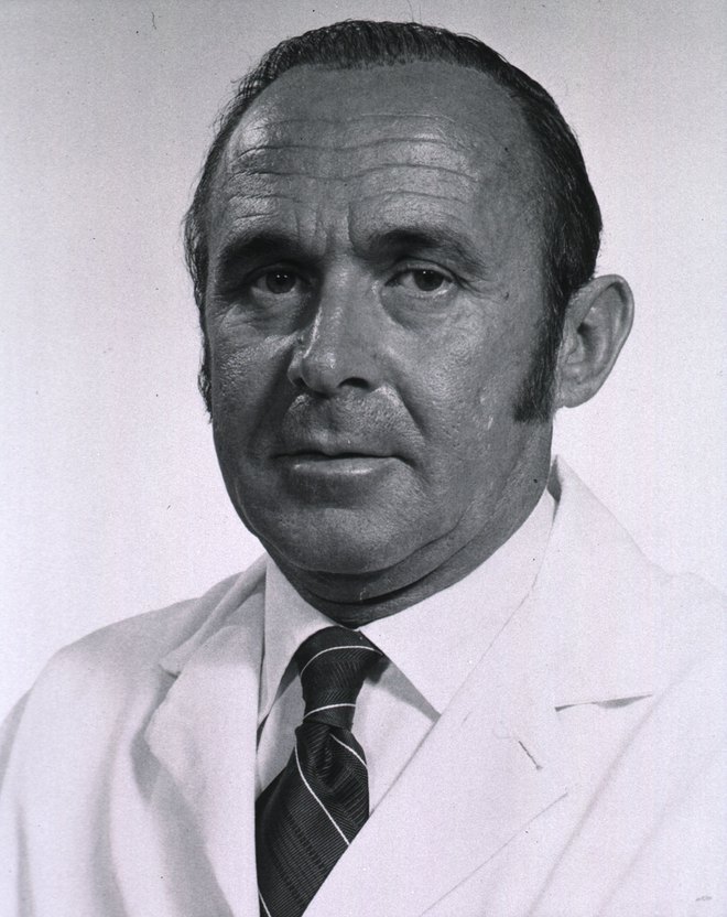 Portrait of Andrew V. Schally in a white lab coat, Lasker Awards Archives